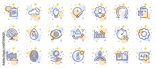 Outline set of Cogwheel, Professional and Clipboard line icons for web app. Include Ph neutral, Ab testing, Fair trade pictogram icons. Upper arrows, Employee hand, Incubator signs. Vector