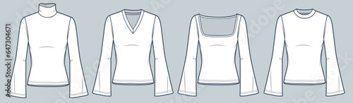 Set of Bell Sleeve Shirt technical fashion illustration. Tee Shirt fashion flat technical drawing template, round neck, roll neck, square neck, v-neck, slim fit, front view, white, women CAD mockup.