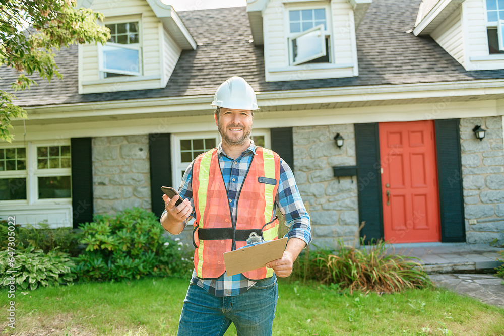 man with hard hat standing in front of a house to inspect man with hard hat standing in front of a house to inspect
