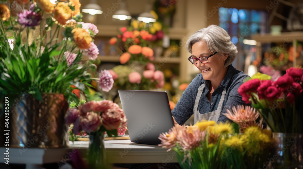 Portrait of senior woman entrepreneur sitting in own flower shop, working on laptop.