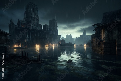 Desolate metropolis decayed, illuminated by moonlight amid a submerged river. Ruined structures submerged. Generative AI