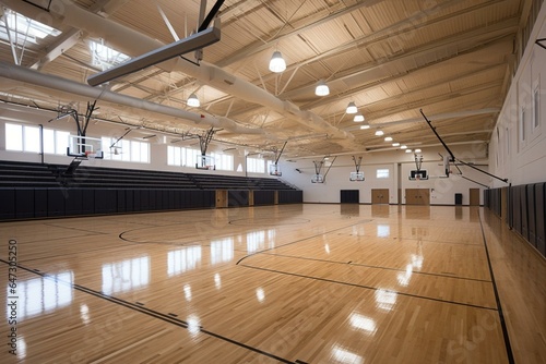 A large indoor sports facility for basketball games and events. Generative AI