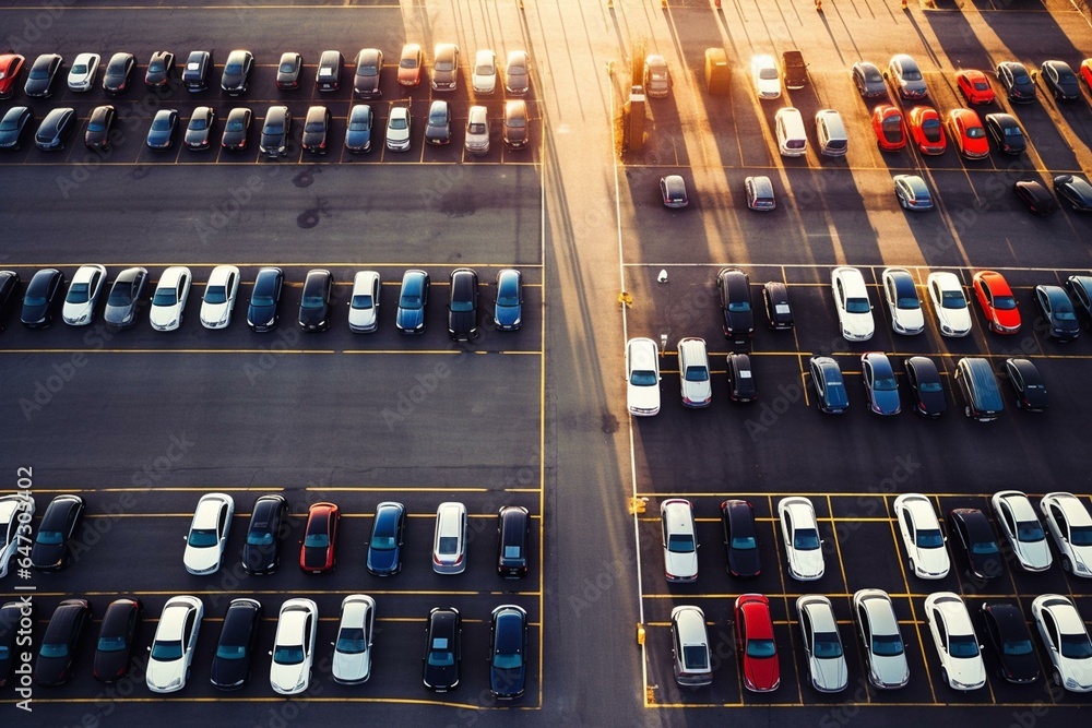 An aerial view of a car parked in a shopping mall parking lot during the holidays. The image relates to the automotive industry, parking space, and global car markets. Generative AI
