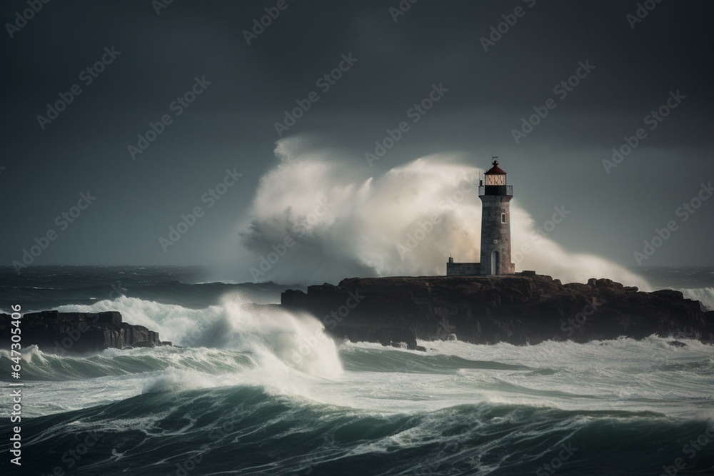 dark sky filled with stormy waves crashing against lighthouse. Generative AI