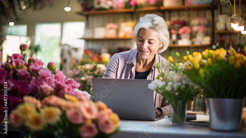 Portrait of senior woman entrepreneur sitting in own flower shop, working on laptop.