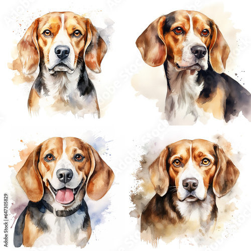 Portrait of Beagle Dog. Set of 4 watercolor paintings on white background. Minimal. Digital illustration generative AI.