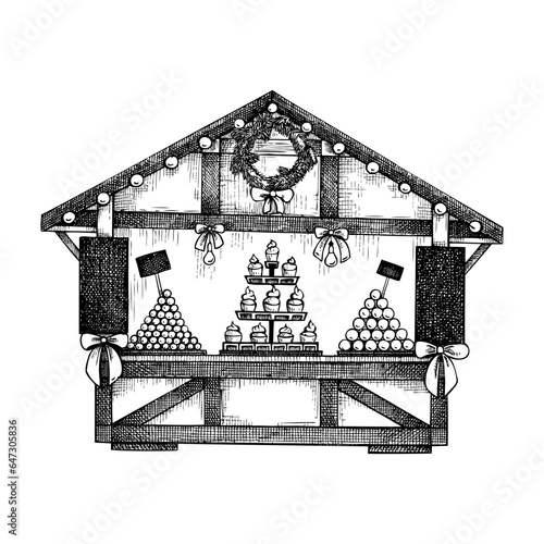 Christmas market stall kiosk sketch. Hand-drawn vector illustration. Traditional winter Christmas fair marketplace.  Wooden booth candy shop with sweets, garlands decoration, Christmas wreaths.