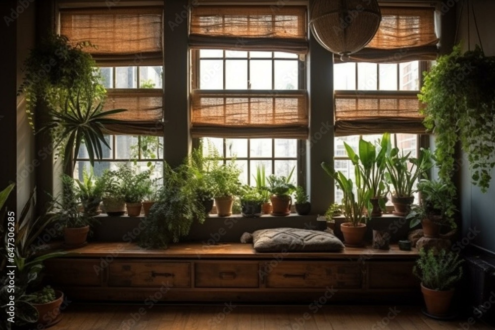 Window shades, wooden wall, plants, curtains. Generative AI