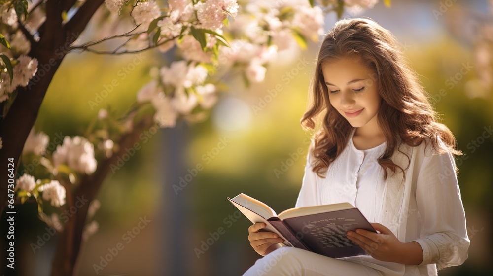 Obraz premium A girl reads a book in a spring garden, sunlight. Generation AI