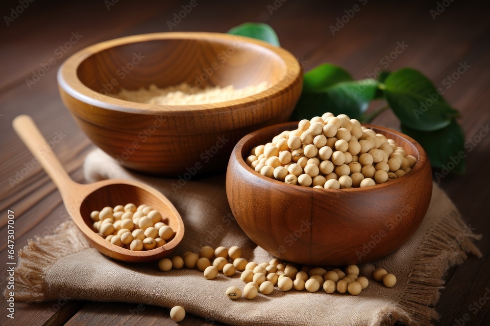 Soybeans in wooden bowl with wooden spoon on table wooden. Soybeans in wooden bowl with wooden spoon on table wooden.