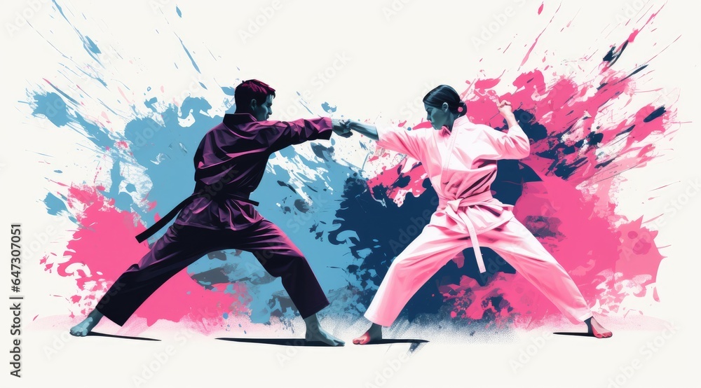 Two people practicing karate kicks, illustration