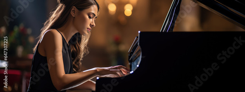 Female musician plays the piano during a concert