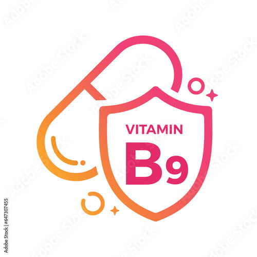 Vitamin B9 Pill Shield icon Logo Protection, Medicine heath Vector illustration
