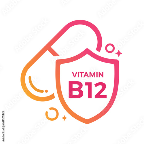 Vitamin B12 Pill Shield icon Logo Protection, Medicine heath Vector illustration
