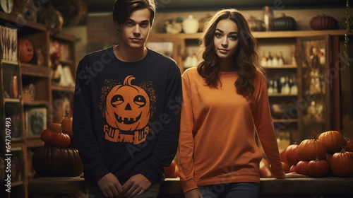 Teenagers and autumn decorations with pumpkins for Halloween. Generation AI