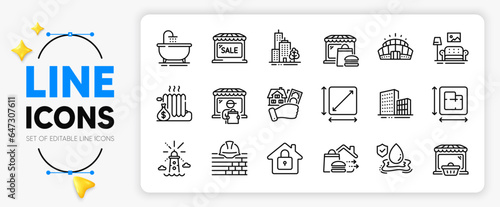 Lighthouse, Square area and Bath line icons set for app include Delivery market, Food market, Buildings outline thin icon. Flood insurance, Buying house, Food delivery pictogram icon. Vector