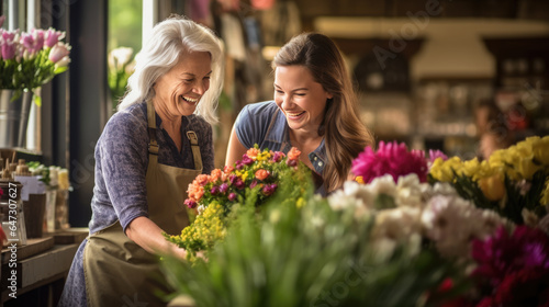 Owner of a flower shop talks to a customer to help him choose a bouquet of flowers © MP Studio