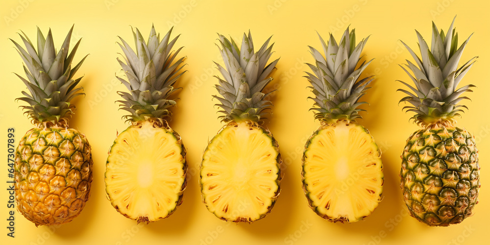Pineapple cut in half on a yellow background beautifully laid out Pineapple cut in half on a yellow background beautifully laid out