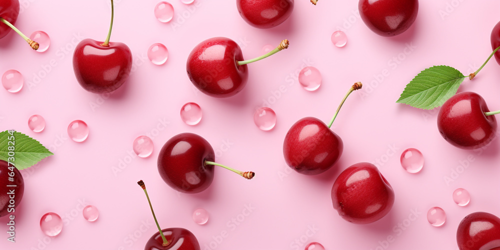 Beautifully placed cherries on a pink background Beautifully placed cherries on a pink background