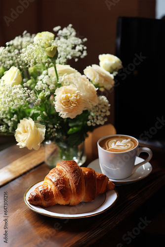 A cup of coffee and a croissant with floral decor.