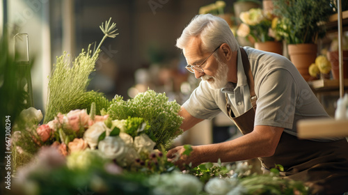 Senior man working in a flower store