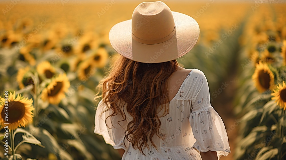 © MiaStendal - Beautiful girl in a field with sunflowers, beautiful evening sunset, nature. Generation AI