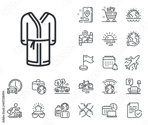 Housecoat robe sign. Plane jet, travel map and baggage claim outline icons. Bathrobe line icon. Fabric dressing gown symbol. Bathrobe line sign. Car rental, taxi transport icon. Place location. Vector