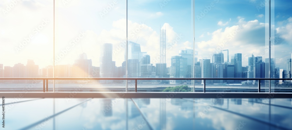 Glass office building interior with city view background. Generative AI technology.