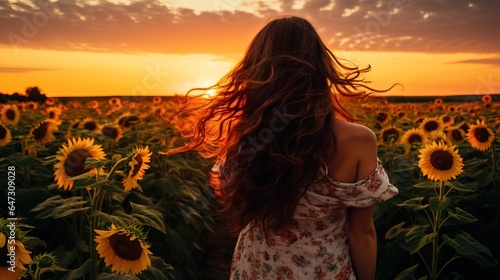 Beautiful girl in a field with sunflowers, beautiful evening sunset, nature. Generation AI