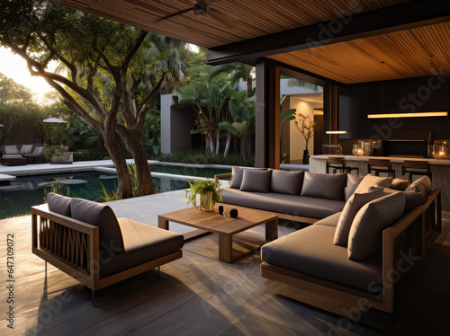 outdoor living room with a pool and deck furniture © Kien