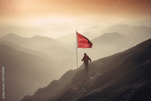 Reaching a goal concept - mountaineer with red flag on mountain with Generative AI technology #647309089
