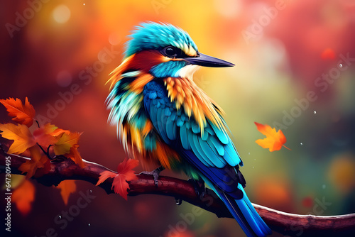 Colorful bird perched on red tree branch, showcasing beauty of wildlife in nature. © JoypurerEdit