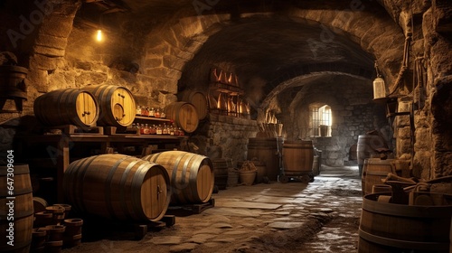 An ancient cellar with barrels of wine. Generation AI © MiaStendal