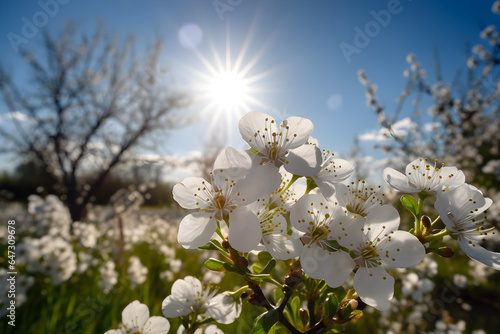Beautiful blooming white flowers against the blue sky