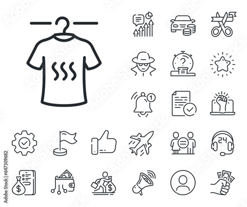 Laundry shirt sign. Salaryman, gender equality and alert bell outline icons. Dry t-shirt line icon. Clothing cleaner symbol. Dry t-shirt line sign. Spy or profile placeholder icon. Vector