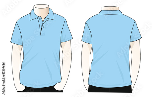 Men's blank light blue short sleeve polo shirt template on white background.Front and back view, vector file
