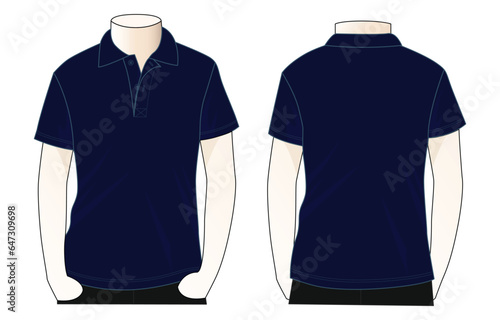 Men's blank navy blue short sleeve polo shirt template on white background.Front and back view, vector file