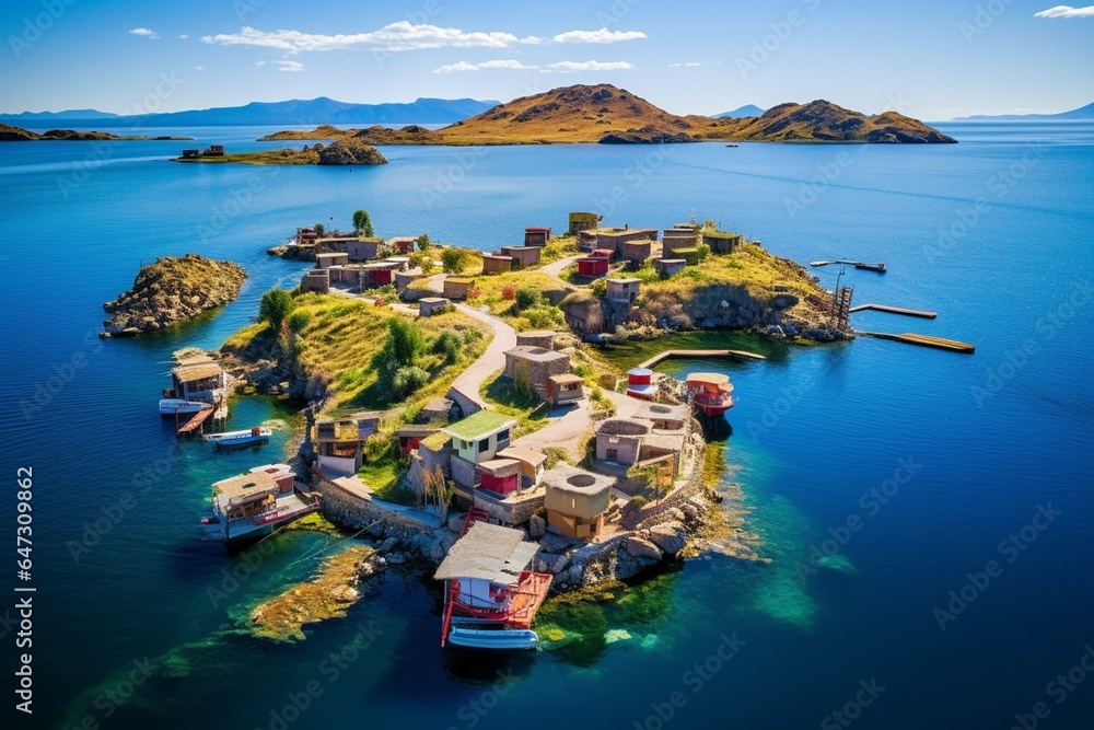 Scenic islands on Titicaca Lake in Puno, Peru, South America. Generative AI - obrazy, fototapety, plakaty 