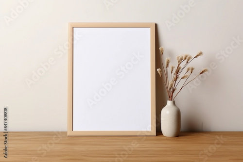 Empty vertical frame on the wooden table. Background for wall art mockup. Modern beige boho interior with vase.