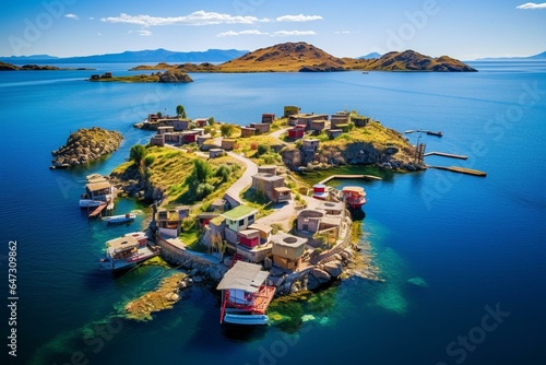 Scenic islands on Titicaca Lake in Puno, Peru, South America. Generative AI