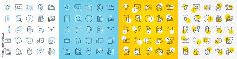 Vector icons set of Vip mail, Smile face and Artificial intelligence line icons pack for web with 24h service, Cloud system, Search document outline icon. Attachment, Swipe up. Vector