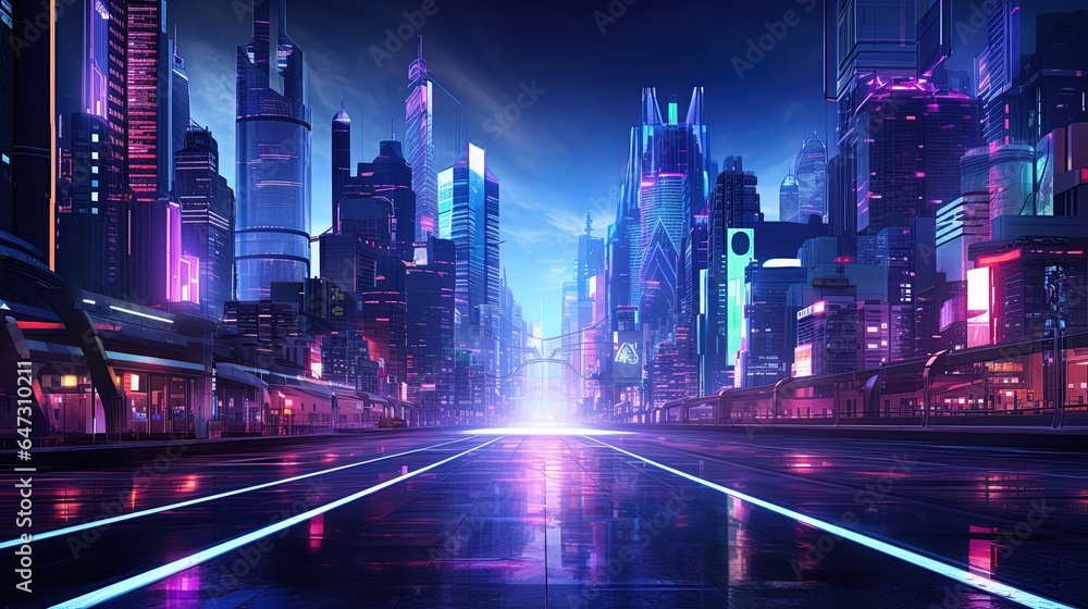 Panorama of the night neon city. Generation AI