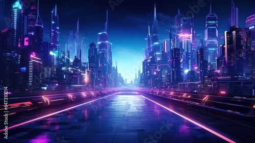 Panorama of the night neon city. Generation AI © MiaStendal