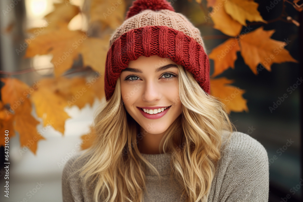 Generative Ai illustration of young woman surrounded by dry foliage autumn park atmosphere Generative Ai illustration of young woman surrounded by dry foliage autumn park atmosphere