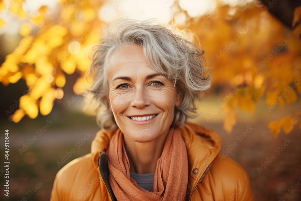 Generative Ai illustration of aged woman surrounded by dry foliage autumn decorations background Generative Ai illustration of aged woman surrounded by dry foliage autumn decorations background