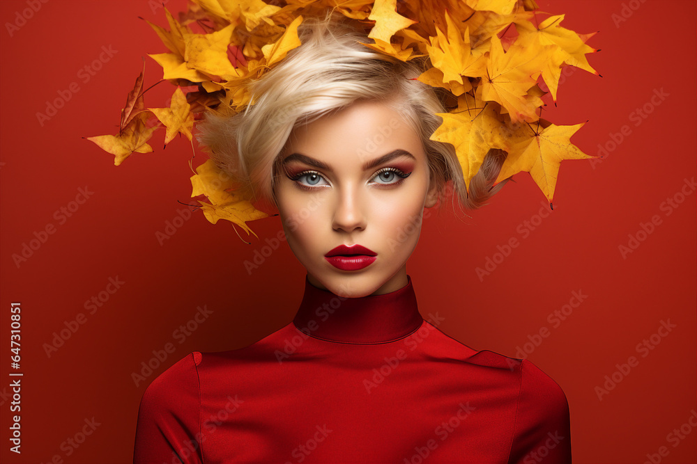 Generative Ai illustration of stunning woman surrounded by dry foliage autumn decorations background Generative Ai illustration of stunning woman surrounded by dry foliage autumn decorations background