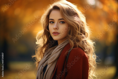 Generative Ai illustration of stunning woman surrounded by dry foliage autumn decorations background