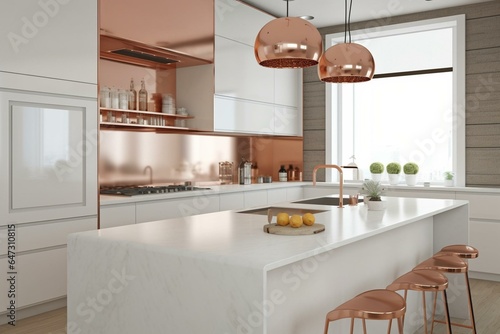 Kitchen with rose gold accents, white walls, and countertops. Close-up 3D render. Generative AI