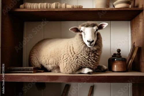 Image of a sheep sitting on a shelf. Generative AI