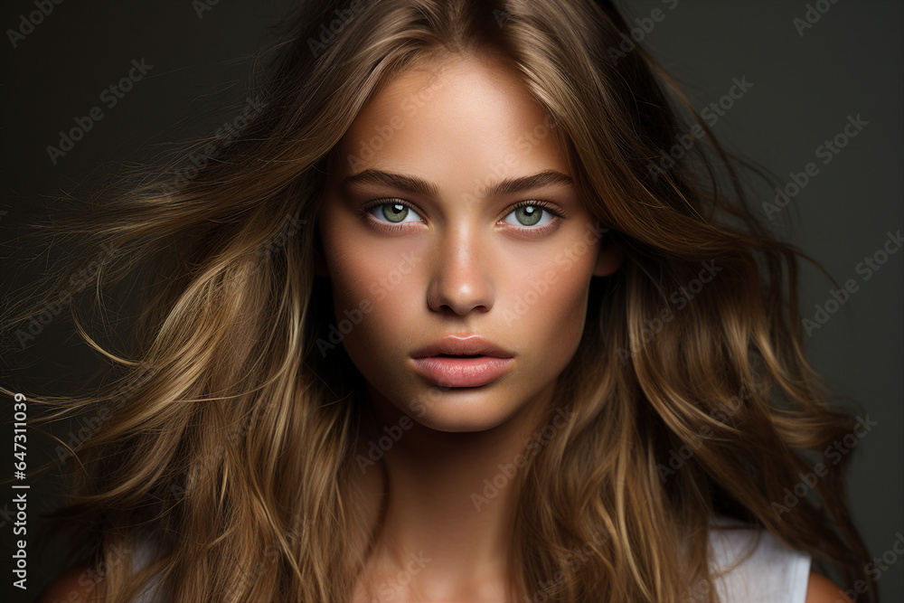 Naklejka premium Generative Ai portrait of young pretty woman natural beauty brown volume hairstyle on background
